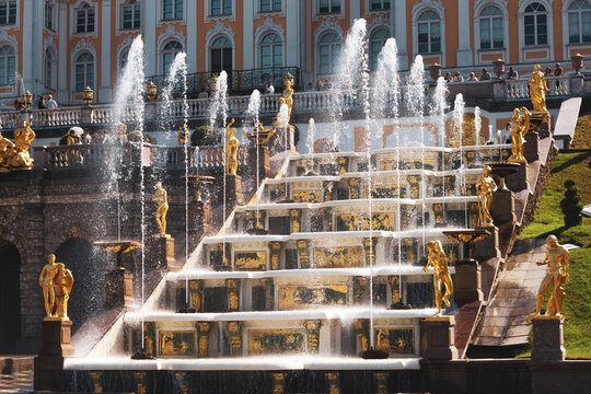 Saint-Petersburg, Russia, July 2021: Grand Cascade Fountain in Peterhof.