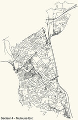 Black simple detailed street roads map on vintage beige background of the quarter Sector 4 - Toulouse Est (East) district of Toulouse, France