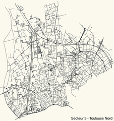 Black simple detailed street roads map on vintage beige background of the quarter Sector 3 - Toulouse Nord (North) district of Toulouse, France