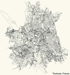 Black simple detailed street roads map on vintage beige background of Toulouse, France