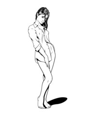 Sexy Girl Wearing Man's Shirt. Ink Style. Coloring Page. Shadow is the separate object.