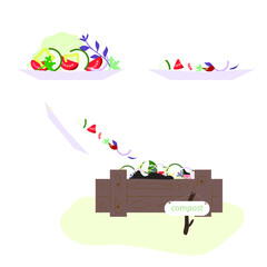 Naklejka premium Compost heap. Composting vegetable leftovers. A plate with fresh salad. Pieces of food on a plate.