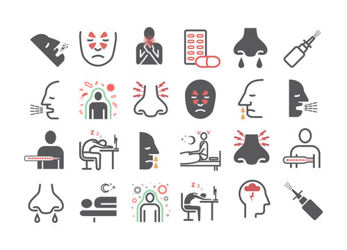 Sinusitis. Symptoms, Treatment. Line icons set. Vector signs for web graphics