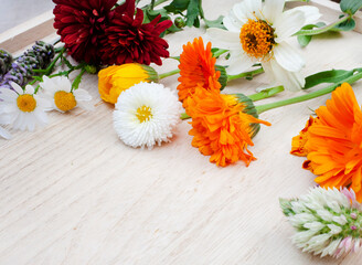 springtime wildflower mixture in flat lay on rustic surface
