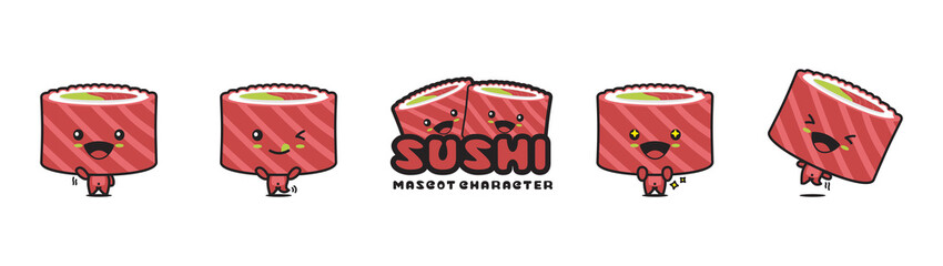 cute sushi mascot, with different facial expressions and poses