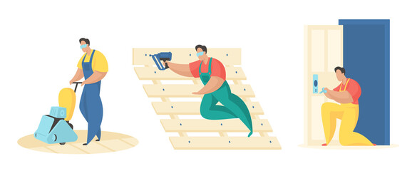 Renovation carpentry work. Men in uniform cleaning parquet with floor polisher and installing lock on door. Assembling wood flooring. Professional carpenter services. Vector flat illustration