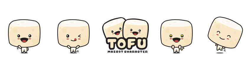 cute tofu mascot, with different facial expressions and poses