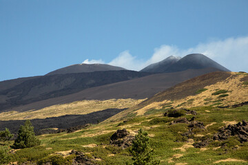 Cratere dell'Etna visto dal paesaggio del bosco tra colate di lava e sfondo di cielo blu in Sicilia