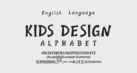 Cartoon kids creative alphabet. Funny hand drawn vector font, uppercase and lowercase letters, numbers, punctuation marks, symbols