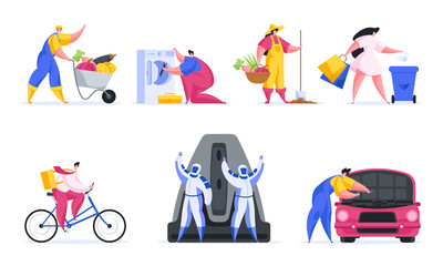 Professions people set vector flat illustration. Farmer is driving wheelbarrow with collected vegetables and fruits. Plumber is fixing washing machine. Astronauts near rocket are ready for flight.