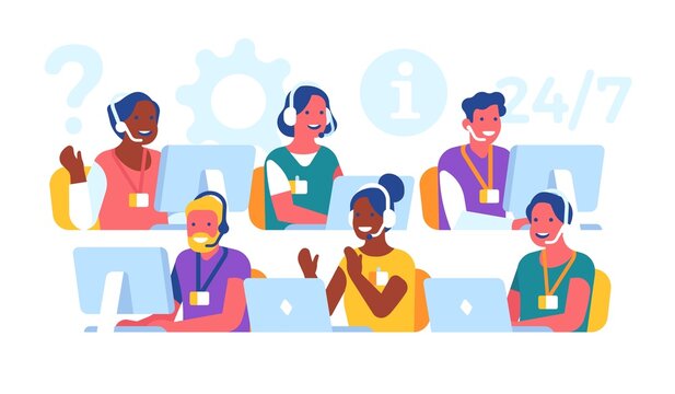 Customer support operators. Hotline workers with headset in workplace, round-the-clock remote tech service, digital voice chat vector set