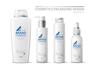 Realistic brand cosmetic bottles. White design products pack, 3d containers mockup, skin care means with different dispensers. Vector set