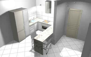 modern interior kitchen 3d render design modern white furniture door room home
