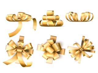 Gift bows ribbons. Realistic satin golden decorative tapes, different silk packaging bands, top and side view, festive elements. Vector set