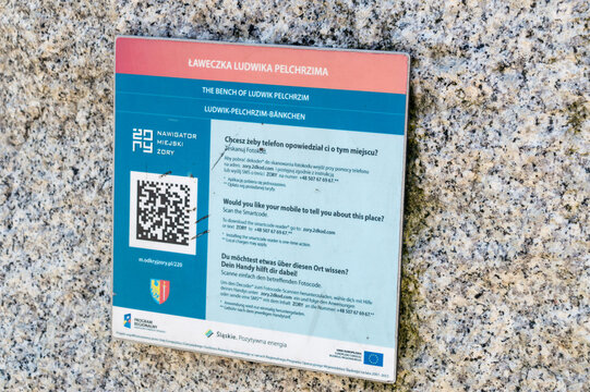 Zory, Poland - June 4, 2021: Plaque with a QR code with information about the bench of Ludwik Pelchrzim.