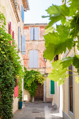 Naklejka premium Vertical view of a beautiful street with green leaves in Arles, Provence, France. Blur foreground.