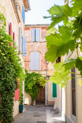 Fototapeta na wymiar Vertical view of a beautiful street with green leaves in Arles, Provence, France. Blur foreground.