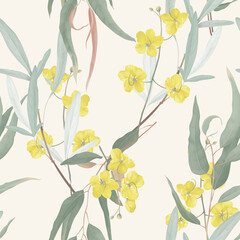 Floral seamless pattern, yellow golden shower flowers and eucalyptus leaves on bright yellow