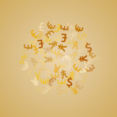 Euro dollar pound yen golden icons scatter money vector illustration. Commerce backdrop. Currency