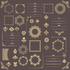 Vintage set of golden vector horizontal, square and round elements. Golden elements for backgrounds, frames and monograms. Classic patterns. Set of vintage patterns
