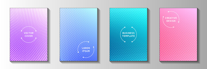 Colorful circle perforated halftone cover page templates vector collection. Digital flyer faded