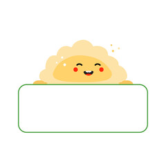 Fototapeta premium Cute smiling cartoon style pierogi, filled dumpling character holding in hands blank card, banner. 