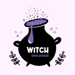 Witch’s cauldron with boiling potion vector doodle style illustration. Witch and proud square card, poster.
