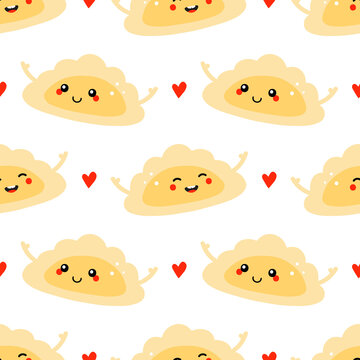 Cute smiling cartoon style pierogi, filled dumplings characters and red hearts vector seamless pattern background.