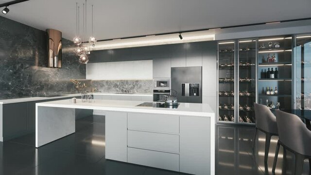Luxury kitchen with an island. Modern interior in luxury house. Interior of a modern kitchen. 3d visualization