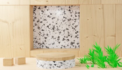 3d background rendering, white terrazzo podium view and leaves on wooden background