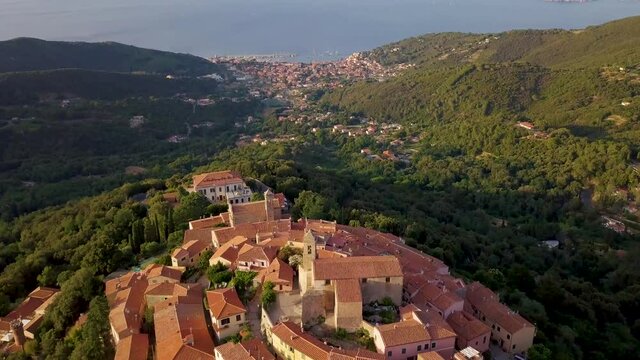 Aerial drone view of medieval mountain village Marciana on the island of Isola d'Elba, Italy