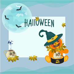 Vector greeting card funny pumpkin for the Halloween holiday. Decorative design with a blue background, autumn leaves, the moon, a skull and a place for text. Cartoon style, a template for the design.