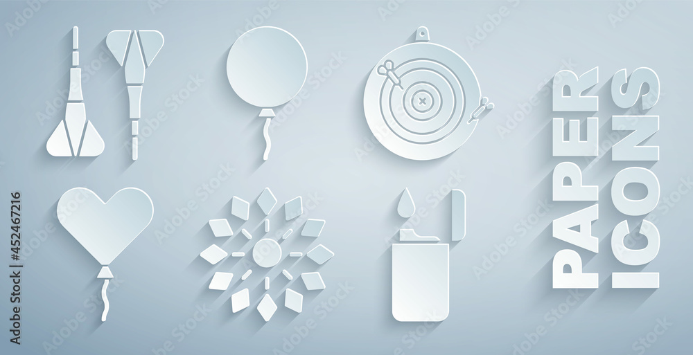 Poster set firework, classic dart board and arrow, balloon in form of heart, lighter, with ribbon and dart 
