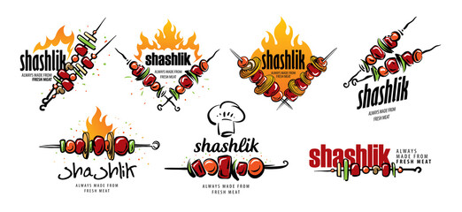 A set of vector logos with a drawn barbecue on a skewer