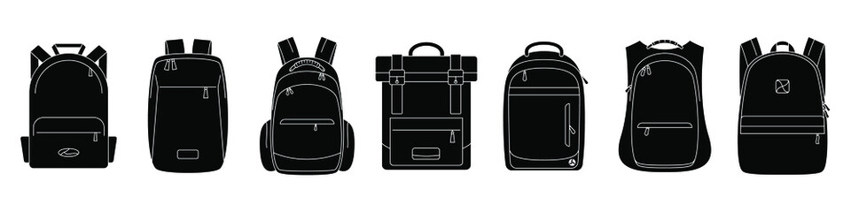 Backpack icon. Vector illustration. Set of black backpack icons. Isolated backpack icons - obrazy, fototapety, plakaty