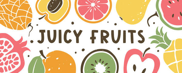 Vector fruit background. Header or banner with bright hand drawn illustrations and 