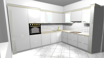 kitchen white 3d render interior design modern furniture