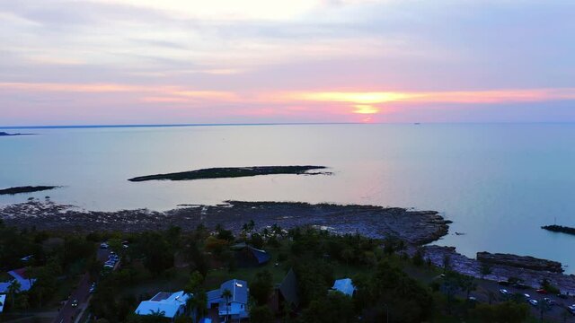 Town Landscape Of Nightcliff At The Seashore During Sunset In Darwin City, Australia. aerial
