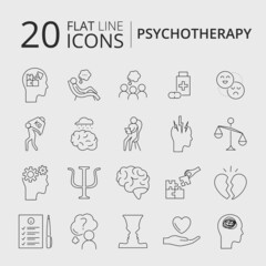 Psychotherapy and psychology related outline simple icon set. Mental health concept. Psychologist counseling elements. Vector illustration isolated. Anxiety, group therapy, mood disorder, depression