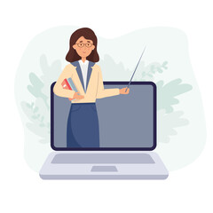 Online education, learning concept. Online teacher on computer monitor. Webinar,video seminar learning vector concept. Female teacher with books. video lesson. Vector illustration in flat style