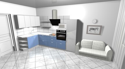 kitchen white blue 3d render interior design modern furniture - 452469681