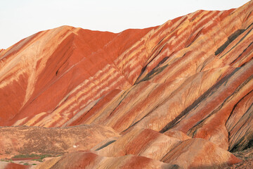 The colorful Danxia landform in Zhangye, Gansu province, China, at sunset.