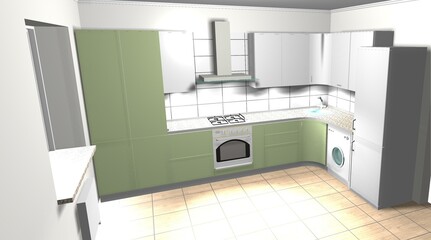 green kitchen 3d render interior design modern furniture - 452470051