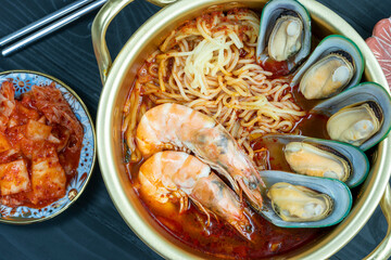 Korean traditional Noodle, Jjamppong Spicy Seafood Noodle Soup, Korean Noodle in Spicy Seafood soup, 4k resolution