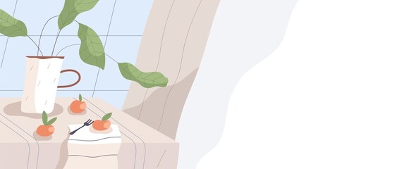 Horizontal banner with modern home kitchen interior in cozy Scandinavian style. Trendy stylish dining table, plant and fruits, and white background with place for text. Flat vector illustration