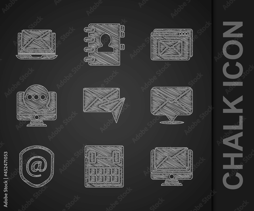 Poster set envelope, calendar, monitor and envelope, shield with mail e-mail, chat messages notification mo