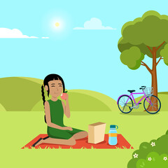 Obraz na płótnie Canvas Girl kids having lunch picnic on the park grass. Smiling kids characters. Modern flat vector illustration clipart.