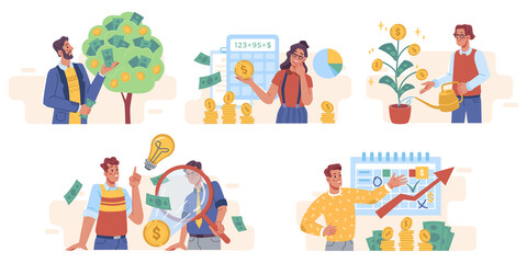 Planting money tree, people and business investment concept, flat cartoon. Vector investors grow, care plant with gold coins dollar bills, financial growth. Trading and marketing, search of new ideas