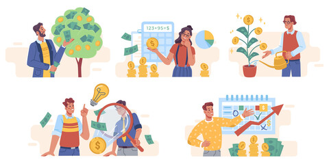 Fototapeta premium Planting money tree, people and business investment concept, flat cartoon. Vector investors grow, care plant with gold coins dollar bills, financial growth. Trading and marketing, search of new ideas
