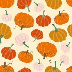 Vector seamless pattern with pumpkins. Hand drawn colorful illustrations. Background for autumn celebrations: Halloween, Thanksgiving Day, Harvest Festival.